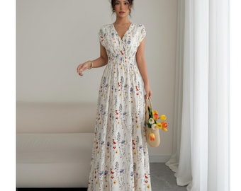 Floral Smocked Waist Dress, Elegant V-Neck Summer Dress, Waist Cinching A-Line Gown, White Flower Print Sun Dress, Boho Garden Party Outfit
