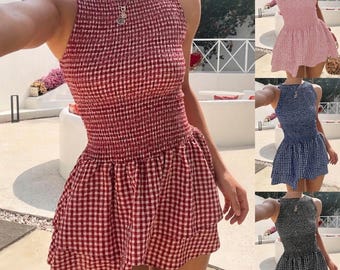 Gingham Smocked Mini Dress, French Style Plaid Sun Dress, Sleeveless Ruffle Hem Summer Outfit, Sweet Picnic Aesthetic Dress, Slim Fit Sun