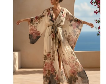 Floral Kimono Maxi Dress, Ethnic Print Beach Cover Up, V Neck Tie Waist Robe Cardigan, Boho Resortwear Kaftan, Lightweight Summer Duster