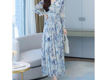 Blue Floral Chiffon Maxi Dress, Long Sleeve V-Neck Autumn Gown, Elegant Big Swing Beach Skirt, Ankle Length Romantic Party Dress, Gift for