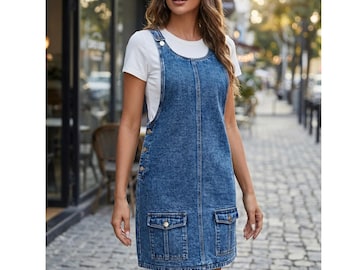 Denim Overall Dress Women, Blue Washed Jean Pinafore Mini Dress, Adjustable Straps Sleeveless Casual Dungaree Dress with Pockets, Gift