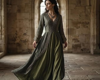 Forest Witch Maxi Dress, Gothic Halloween Long Sleeve Gown, Medieval V Neck Costume Dress, Dark Cottagecore Fantasy Outfit, Boho Fall Dress