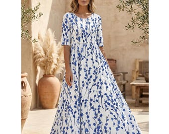 Blue Floral Maxi Dress, Short Sleeve A-Line Summer Gown, Mediterranean Style Cotton Dress, Elegant Garden Party Outfit, Casual Vacation Dres