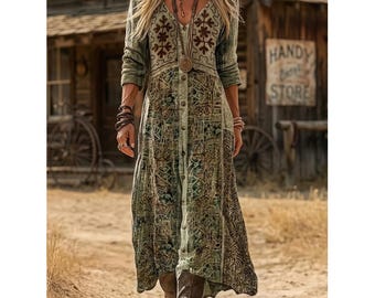 Bohemian Ethnic Print Maxi Dress, Loose Large Swing V-Neck Dress, Rural Style Vacation Outfit, Daily Leisure Outdoor Dress, Boho Chic Gown