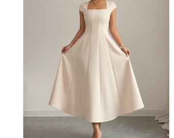 Square Neck A-Line Midi Dress, Elegant Flared Skater Dress, Short Sleeve Waist Cinched Solid Color, Spring Summer Vacation Outfit, Gift for