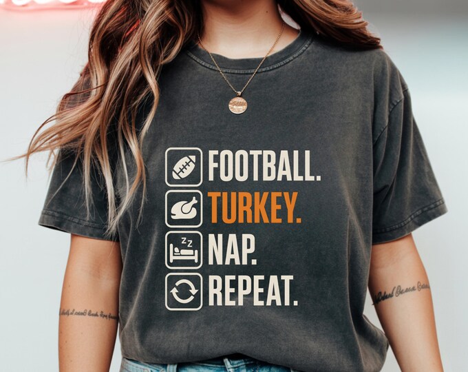 Funny Thanksgiving Football T-Shirt Football Turkey Nap Repeat Gift, Fall Sports Humor Graphic Tee