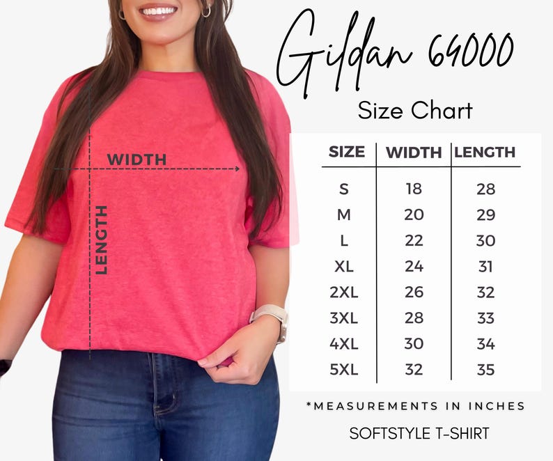 May include: A red Gildan 64000 Softstyle T-shirt with a size chart. The chart shows measurements in inches for sizes S to 5XL, with widths ranging from 18 to 32 inches and lengths from 28 to 35 inches.