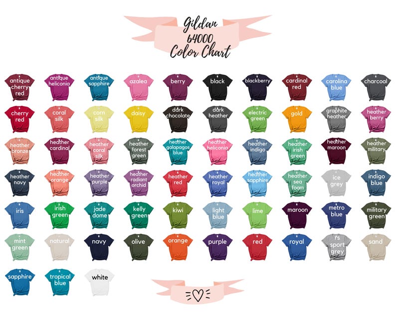 May include: A color chart for Gildan 64000 t-shirts, showcasing a wide array of hues. The chart displays various colors, including Antique Cherry Red, Heather Navy, and White. The text "Gildan 64000 Color Chart" is at the top.