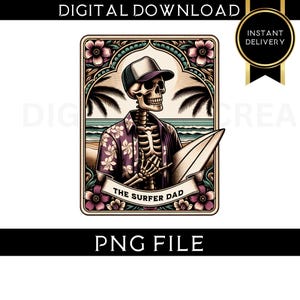 Carta de Tarô Engraçada PNG - Carta de Tarô Esqueleto Pai Surfista - Presente para Pai Surfista