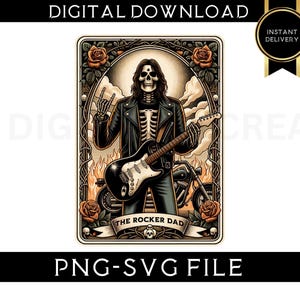 Tarotkaart PNG-The Rocker Dad Tarotkaart sublimatie-Rock N Roll-ontwerp-skelet tarotkaarten