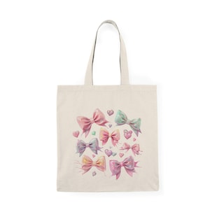 Sac fourre-tout à nœuds pastel – Sac cabas en toile esthétique kawaii, sac écologique réutilisable, cadeau pour adolescentes, motif cœurs rose pâle et violet
