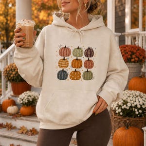 Könnte beinhalten: Ein cremefarbener Kapuzenpullover mit einem Grafikdruck von neun stilisierten Kürbissen in verschiedenen Farben und Mustern, darunter Orange, Grün, Blau und Braun, angeordnet in einem quadratischen Raster mit kleinen Stern- und Blattakzenten.