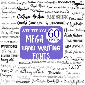May include: A collection of 60 hand-writing fonts, with a purple background. The text "MEGA HAND WRITING FONTS" is displayed in white, along with a circle containing the number "60". Various font styles are shown around the central text.