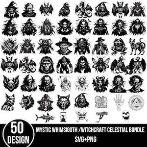 May include: A collection of 50 black and white mystic designs, including witches, demons, and celestial symbols. The designs are in a variety of styles, from detailed portraits to stylized illustrations. The text "MYSTIC WHIMSIGOTH / WITCHCRAFT CELESTIAL BUNDLE SVG+PNG" is included.