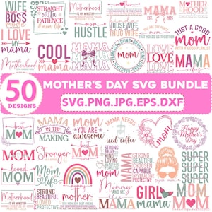 Może przedstawiać: Różowy i biały pakiet SVG na Dzień Matki z 50 wzorami. Projekty zawierają frazy takie jak "Mama", "Mom" i "Motherhood", a także grafiki takie jak serca, kokardy i tęcze. Obraz zawiera również typy plików: SVG, PNG, JPG, EPS i DXF.