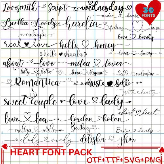 Fonts: Hearts, Script, Cursive, Signature, Swashes, Wedding; SVG, Cricut Font Bundle - Instant Download