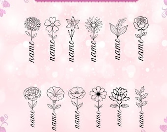 May include: A digital design featuring twelve different line art birth flowers, each with the word "name" below. The text "CUSTOM BIRTH-FLOWER SVG+PNG+JPEG+DXF+EPS" is at the top in a pink rectangle.