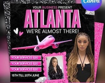 Atlanta Travel Booking Flyer: Hair, Lash, Nail Tech Canva Template (Digital Download)