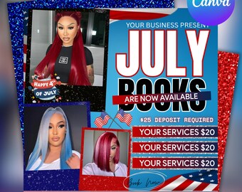 Folleto de reservas de julio: Cabello, pestañas, cejas, uñas y peluca - Canva editable (descarga digital)