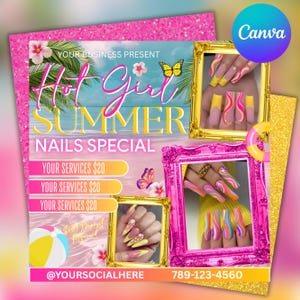 Puede incluir: Un folleto promocional rosa y dorado para un salón de uñas. El folleto presenta el texto "Hot Girl Summer Nails Special" con imágenes de diseños de uñas coloridos en marcos dorados y rosas. También se incluye una pelota de playa y una mariposa.