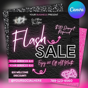 May include: A promotional graphic with a black textured background and pink and white text. The words "Flash Sale" are prominently displayed. Additional text includes "Your Business Present," "Don't Miss This Offer!", and "Enjoy 25% Off All Month."