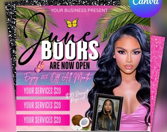 June Booking Flyer: Summer Beauty Appointments, DIY Canva Template (Digital Download)