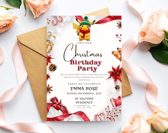 Christmas Birthday Party Flyer, Editable Template (Digital Download)