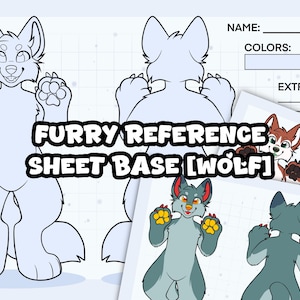 May include: A Furry Reference Sheet Base featuring a wolf design. The image includes a front and back view of the wolf character, along with examples of colored versions and a template for customization. Text on the sheet includes "NAME", "COLORS", and "EXTRA INFO".