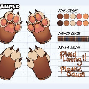 May include: A digital reference sheet featuring four brown animal paw illustrations with pink paw pads and dark claws. The image includes a colour palette of ten circles, a rectangular swatch of brown plaid lining, and text reading EXAMPLE, FUR COLOURS, LINING COLOUR, EXTRA NOTES, Plaid Lining!!, and Plastic Claws.