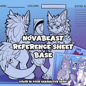 以下が含まれることがあります： 2匹の狼のようなスタイルの生き物が描かれた、水色のNovaBeastリファレンスシートベース。シートには名前、色、追加情報の記入欄があります。「Color in your character here!」の文字も表示されています。