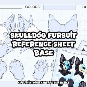 以下が含まれることがあります： 頭、足、体の複数のビューを備えたSkullDogのファースーツリファレンスシートベース。シートには、色と名前をカスタマイズするための領域が含まれています。「COLOR IN YOUR CHARACTER HERE！」というテキストも表示されます。