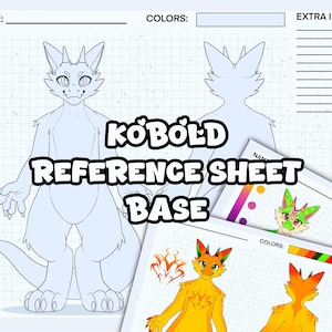 Puede incluir: Una base de hoja de referencia de Kobold con vistas frontal y posterior detalladas de un personaje Kobold. La hoja incluye espacios para el nombre, los colores y la información adicional. Se incluyen ejemplos coloreados.