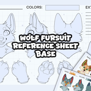 May include: A digital art reference sheet base for a wolf fursuit, featuring various views of the wolf's head, paws, and tail. The sheet includes spaces for name and color details, with additional reference sheets in the corner.