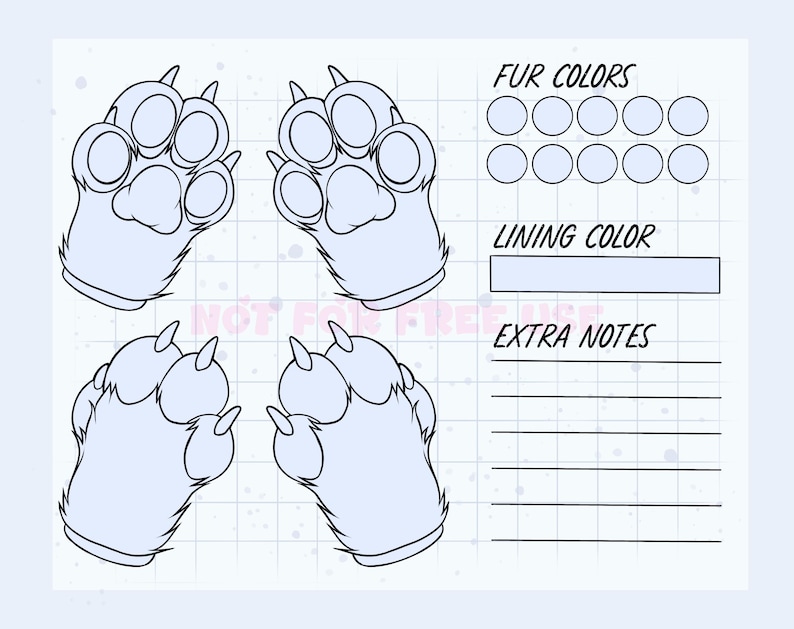 May include: A digital reference sheet featuring four line-art illustrations of animal paws. The layout includes sections labelled FUR COLOURS with ten empty circles, LINING COLOUR with a rectangular box, and EXTRA NOTES with five horizontal lines.