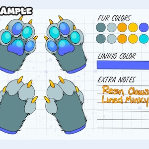 May include: A digital reference sheet showing four grey paw-shaped gloves with blue paw pads and yellow resin claws. The sheet includes a colour palette for fur, a blue bar for lining colour, and text reading Fur Colours, Lining Colour, Extra Notes, Resin Claws, Lined Minky.