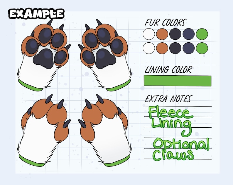 May include: A digital reference sheet for paw-shaped gloves featuring white and brown fur, dark paw pads, and black claws. The graphic includes colour swatches for fur and lining, a green lining colour bar, and text reading Fleece Lining and Optional Claws.