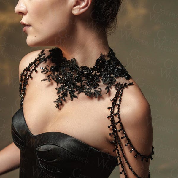 Gothic Black Lace Shoulder Necklace: Victorian Bridal Epaulette