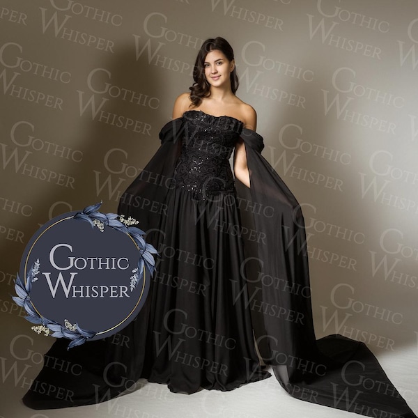 Black Wedding Dress with Wings,Off Shoulder Black Engagement Dress,Halloween Black Wedding Dress,Gothic Wedding Dress,Eloping Black Dress