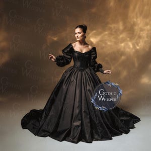 Black Gothic Wedding Dress Ball Gown | Dark Bride Off Shoulder Dress | Vampire Victorian Wedding Gown | Halloween Bridal Dress