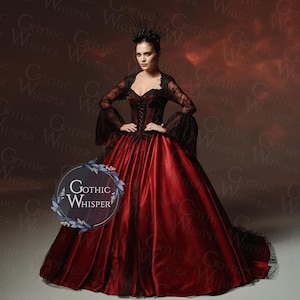Noir Wedding Dress,Gothic Red Ball Gown with Black Lace Sleeves,Vampire Queen Dress,Victorian Corset Evening Dress,Dark Fantasy Wedding Gown