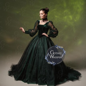 Dark Green Gothic Wedding Dress Elvira Style,Dark Fairytale Bridal, Alternative Tulle Bridal Gown, Dark Fairy Tale Dress Witchcore
