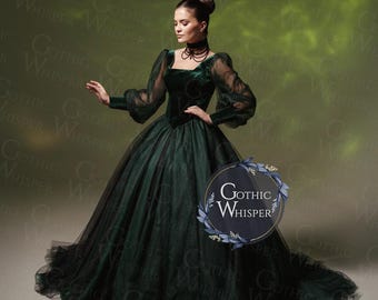 Dark Green Gothic Wedding Dress Elvira Style,Dark Fairytale Bridal, Alternative Tulle Bridal Gown, Dark Fairy Tale Dress Witchcore