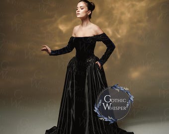 Gothic zwart fluwelen off-shoulder jurk middeleeuwse renaissance jurk donkere koninklijke avondjurk victoriaanse cosplay baljurk zwarte bruidsjurk