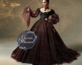 Gothic Tulle Ball Gown with Corset | Victorian Vampire Dress | Witch Costume Renaissance | Halloween Dark Fairytale Dress | Black Red Gown