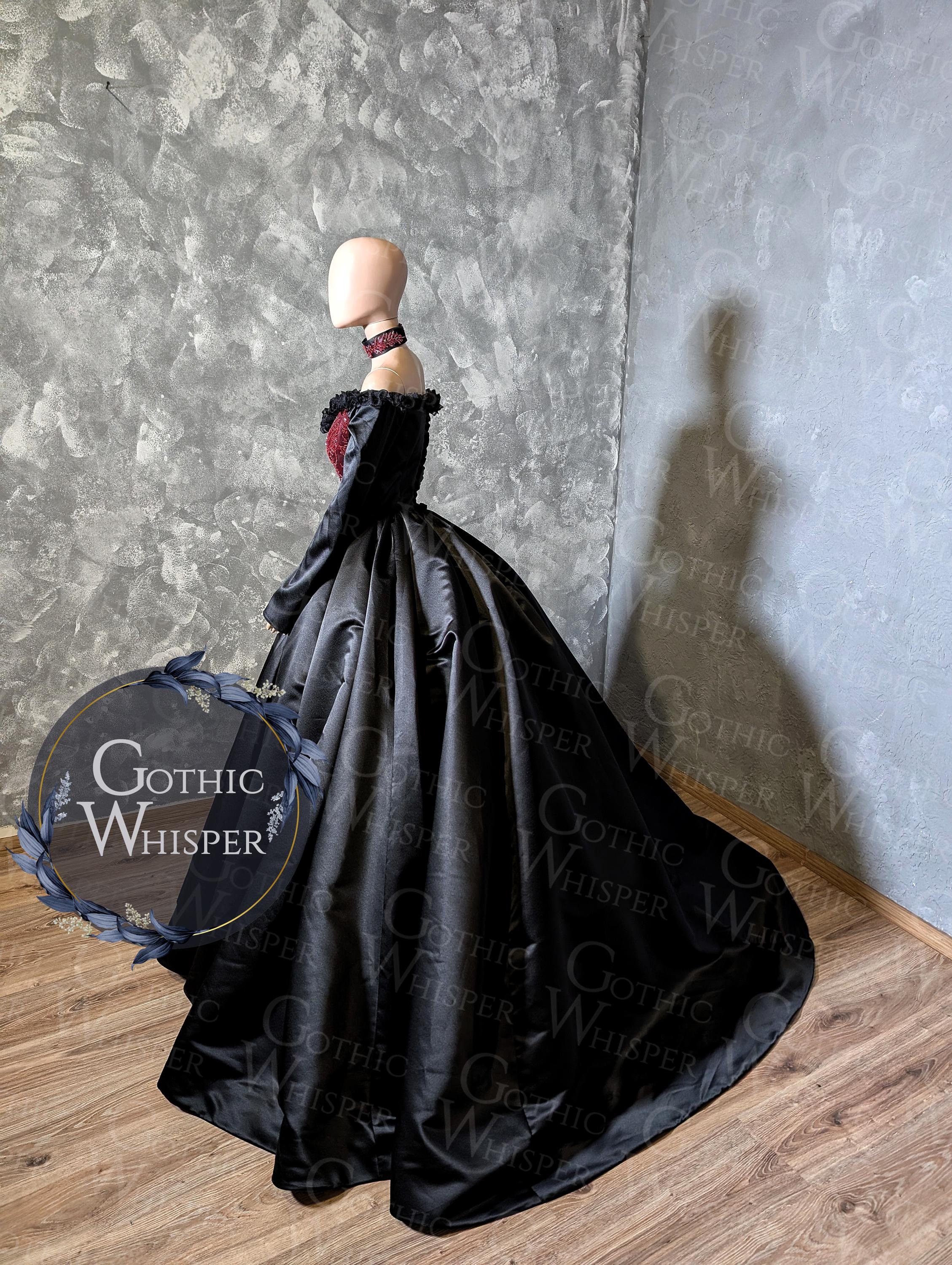 black victorian wedding dresses Black Victorian Bustle Dress, 1880s Ball Outfit, Black Steampunk Wedding Costume, Vampire Gothic Dress