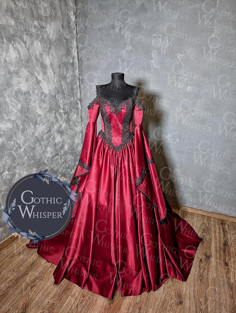 Dark Red Gothic Wedding Dress, Black Lace, Victorian Corset Bridal Gown ...