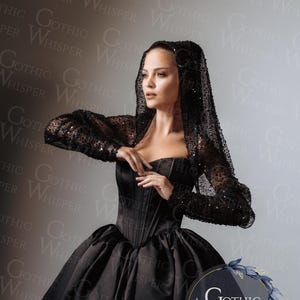 Black Gothic Wedding Dress with Cape – Sweetheart Ball Gown Dress for Dark Bride – Witch Bridal Gown Alternative Wedding Dress