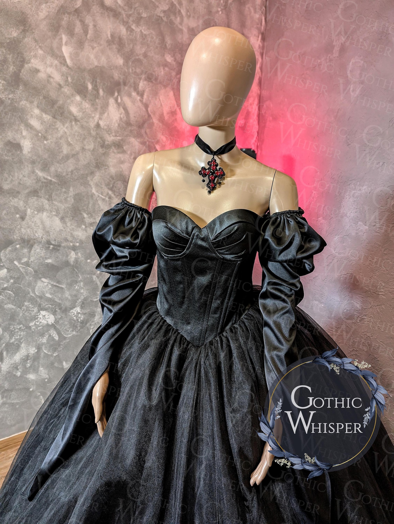 Black Gothic Ball Gown With Puff Sleeves Dark Wedding Dress — free download