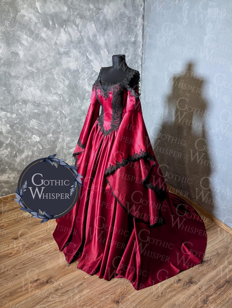 Dark Red Gothic Wedding Dress, Black Lace, Victorian Corset Bridal Gown ...