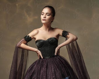 Gothic Plum Tulle Ball Gown,Black Corset Fantasy Dress,Dark Fairy Witch Formal Gown,Alternative Bride Ball Gown,Romantic Gothic Tulle Dress